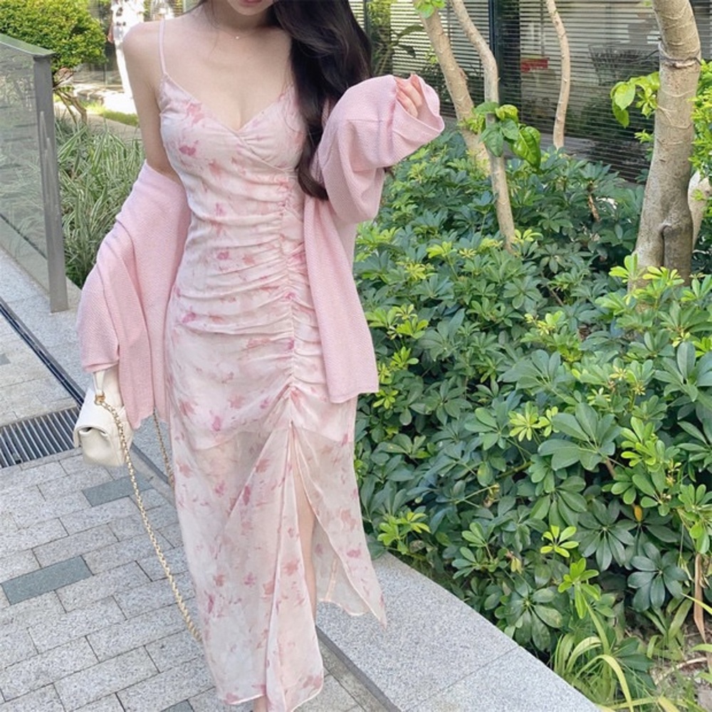 Watercolor Floral Print, Slit Thigh Dress.